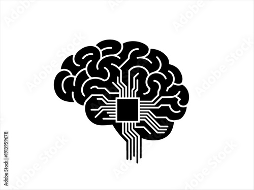 Circuit-like brain design with central chip, symbolizing AI and human cognition integration.