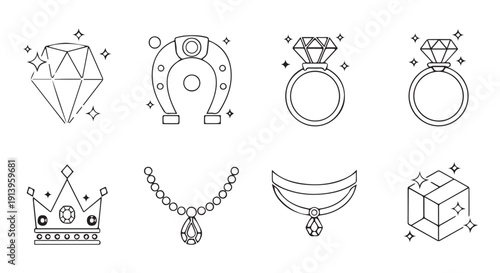 Collection of black and white line art icons featuring jewelry and lucky charms with sparkling details on Transparent Background.