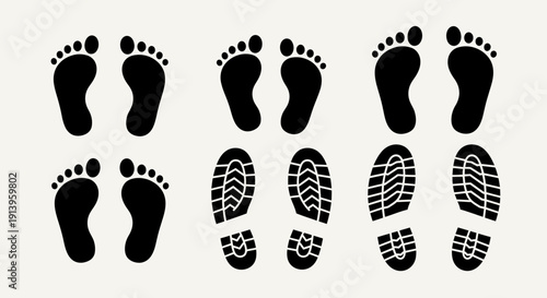Footprint icon set featuring different types of foot marks and shoe prints. 