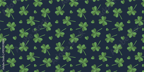 St. Patrick's Day repeatable pattern with green shamrocks and hearts on dark blue background.
