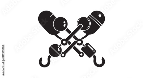 Black silhouette of crossed mechanical winches with hooks, industrial equipment icon