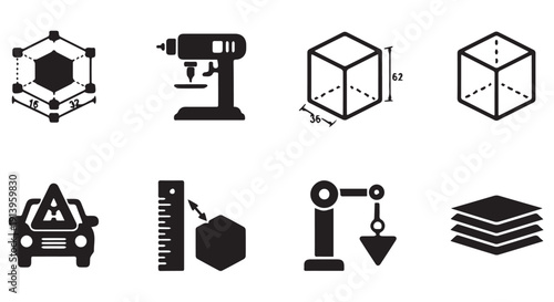 Collection of black icons representing industry and manufacturing on a Transparent Background, including machinery and geometric shapes.