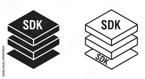 Simple black and white SDK software development kit icon or logo design with layered cubes on a Transparent Background, symbolizing coding and programming.