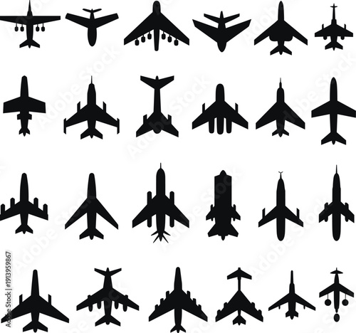 Black silhouette illustration collection of twenty-five diverse aircraft including commercial jets, military fighters, bombers, and reconnaissance planes, perfect for aviation, 