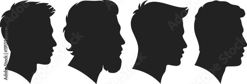 PrintBlack silhouettes of four diverse men showing different masculine hairstyles and beard profiles isolated on a white background