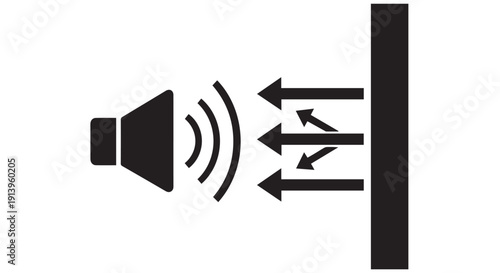 Black sound wave icon with arrows reflecting off a surface, illustrating echo or reverberation in a simple graphic design.