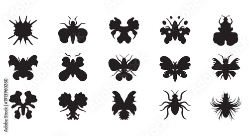 Collection of 15 diverse black insect silhouettes on Transparent Background for graphic design and illustration.
