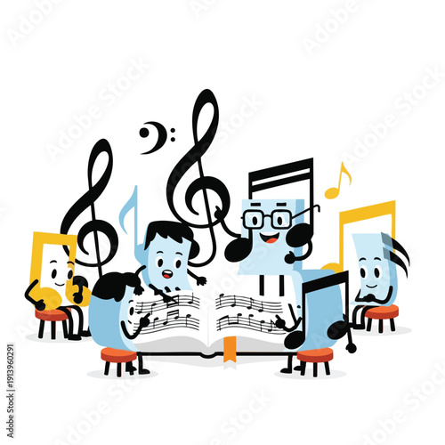 Cartoon Musicians Reading Sheet Music Together
