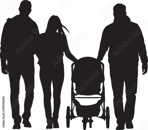 Black silhouette of a family isolated on white background, minimal parents and children shadow illustration, clean monochrome household and togetherness design