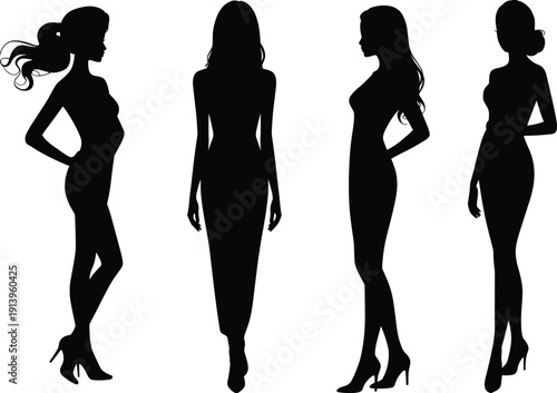 PrintBlack silhouettes of four elegant fashion models in various poses and hairstyles isolated on a plain white background