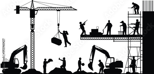 Black silhouette illustration of construction workers, cranes, excavators, and scaffolding, perfect for building industry, engineering projects, teamwork, labor, and infrastructure design concepts