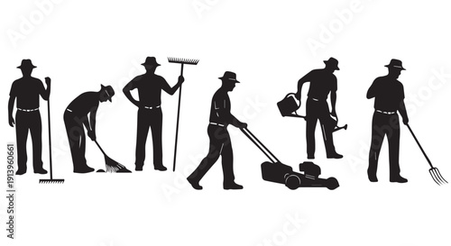 Silhouette of landscapers and gardeners at work with various tools on a Transparent Background, representing lawn care and maintenance.