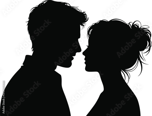 Black silhouette illustration of couple facing each other in intimate pose, perfect for romance, love, relationship, emotional connection, lifestyle, and graphic design projects
