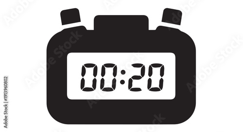 Simple black and white kitchen timer icon with 20 seconds countdown on digital display, isolated on Transparent Background.
