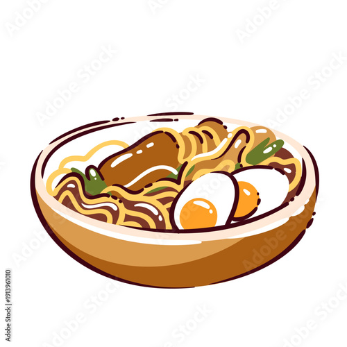 Japanese ramen bowl with noodles, egg and meat in rich broth. Traditional ramen dish, Japan street food element, travel cuisine icon, hand drawn style, cartoon vector illustration.