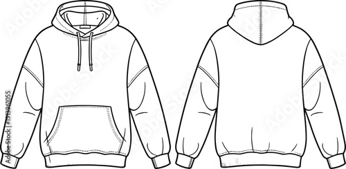 Technical fashion flat sketch of classic hooded sweatshirt hoodie with kangaroo pocket, ribbed hem cuffs, front and back view