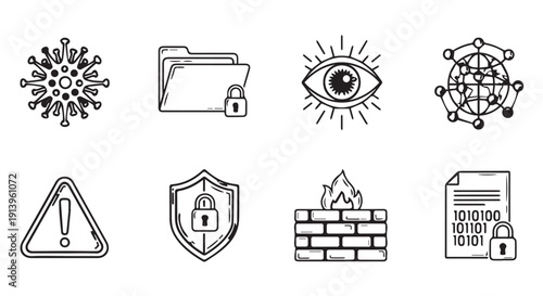 Collection of black line icons representing cybersecurity concepts including virus, secure files, and protection on Transparent Background.