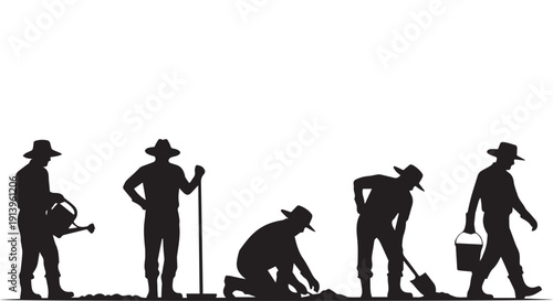 Silhouette of farmers working in the field, showcasing various agricultural tasks and labor, against a clean Transparent Background.