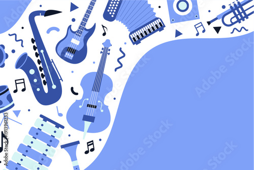 Horizontal music background featuring guitars, saxophone and instruments with large copy space. Ideal for concert promotion, festival branding or music event marketing.