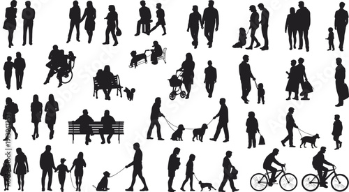Black silhouette illustration of people walking, sitting, cycling, and engaging in daily activities, perfect for lifestyle, urban life, sociology, and graphic design projects