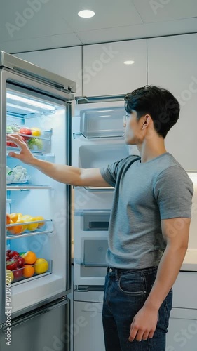 Man Opens Refrigerator Door: Healthy Food, Kitchen Lifestyle, Modern Home, Fresh Produce, Grocery Shopping, Meal Prep, Wellbeing