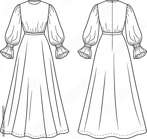Technical fashion flat sketch of high neck maxi dress with long puff sleeves, ruffle cuffs, front and back view