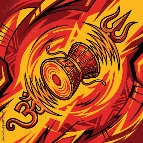 Dynamic Vector Illustration of Lord Shiva Damru Drum with Trishul and Om Symbol in Fiery Red Background for Maha Shivaratri