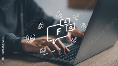 Bild auf Leinwand FAQ icons and online help elements displayed over a laptop screen, Digital customer support, knowledge base management, and interactive question and answer service platforms
