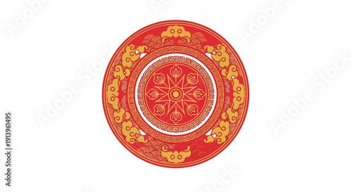 Close-up of a vibrant red and gold decorative plate with intricate designs on a white background.