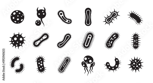 Collection of various bacteria and germ icons in black silhouettes on Transparent Background for science and health concepts