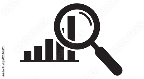 Black magnifying glass icon over a bar chart graph, symbolizing data analysis and research for business and finance.