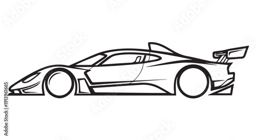 Stylized black and white illustration of a sleek sports car with aerodynamic design and a prominent rear spoiler.