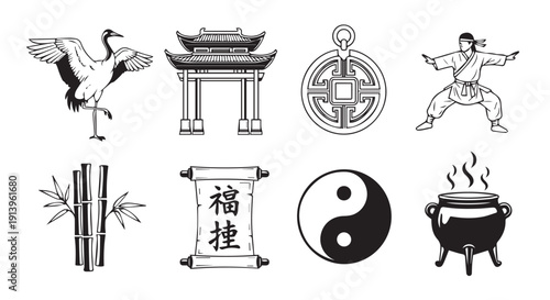 Black and white illustrations of various Asian cultural symbols and martial arts elements.