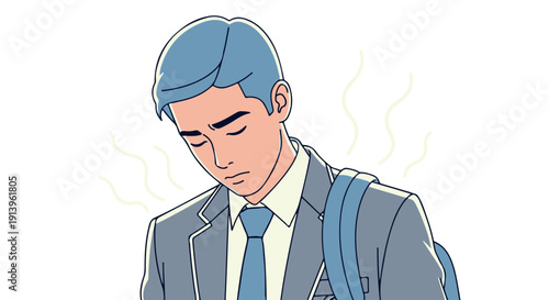 Stressed businessman with blue hair and backpack, experiencing anxiety or frustration, depicted in a cartoon illustration on a Transparent Background.