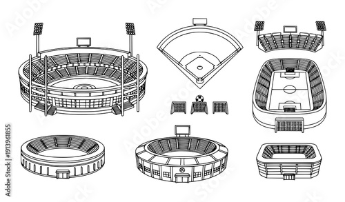 Arena sports stadium vector icon set isolated white background