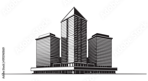 A black and white illustration of a modern cityscape with sleek skyscrapers and high rise buildings on a Transparent Background.