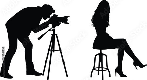 PrintSilhouette of professional male photographer with camera on tripod taking photo of beautiful young woman sitting on stool