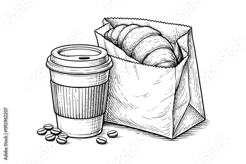 Takeaway coffee cup with croissant in paper bag, sketch style vector illustration isolated.