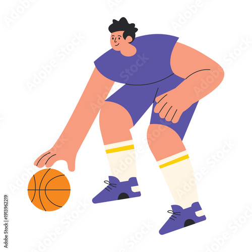 Young man playing basketball and dribbling the ball with skill vector illustration.