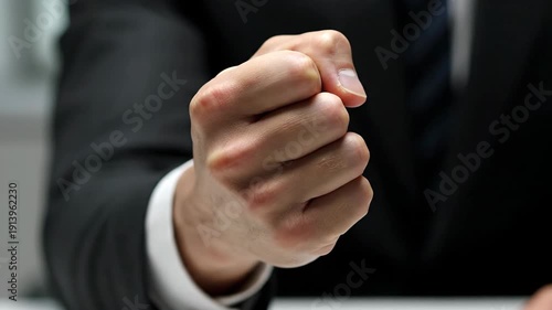 Close up of one person's clenched fist in business suit showing anger, frustration, pressure, and stress.