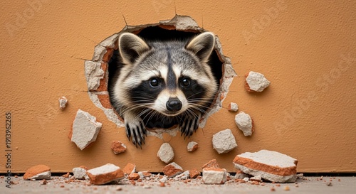 Curious Raccoon Peeking Through a Broken Wall.