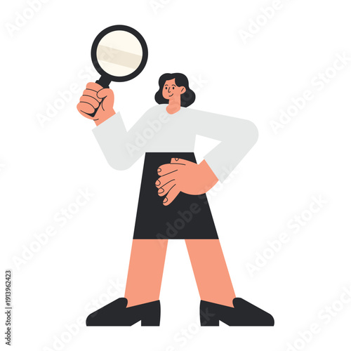 Professional woman character holding a magnifying glass for search and discovery vector illustration.