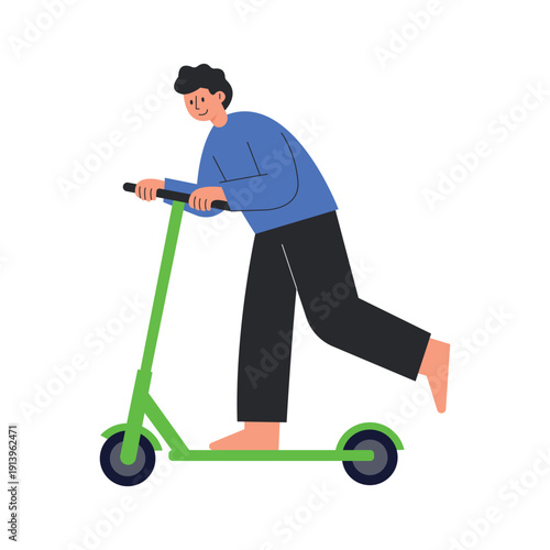 Man riding a bright green electric kick scooter for urban commuting vector illustration.
