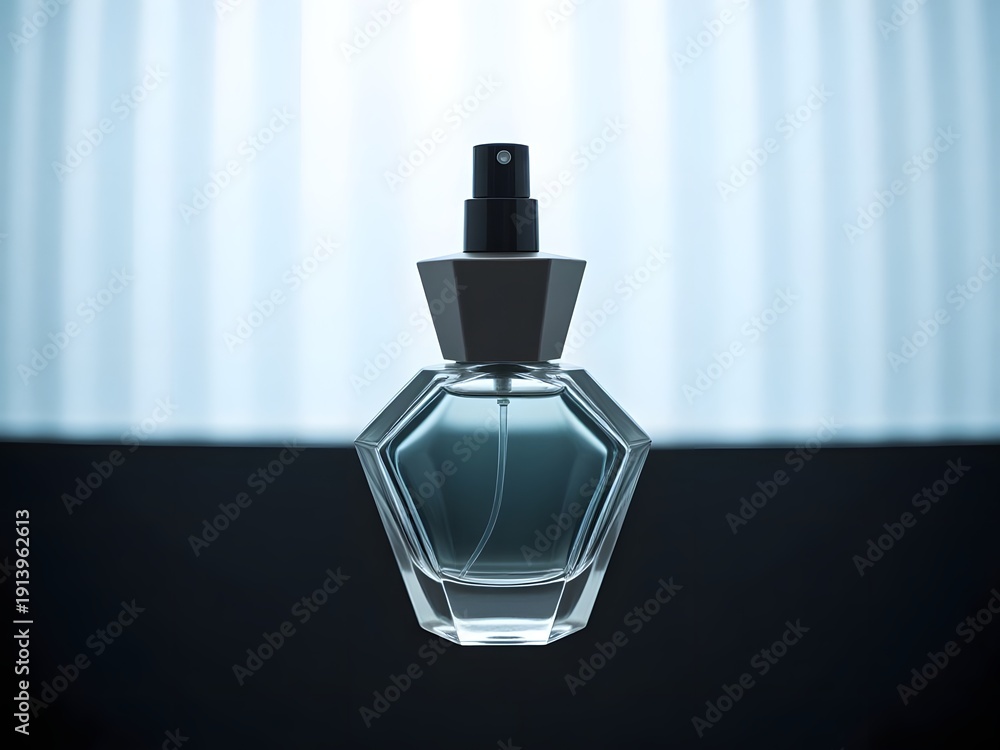 Obraz premium A luxurious perfume bottle with a geometric shape and transparent liquid on a dark surface against a blurred white background