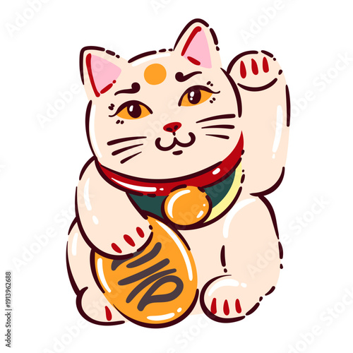 Maneki neko lucky cat with raised paw, coin and bell collar. Japanese fortune symbol from Japan culture in cartoon doodle style, lucky cat character illustration, vector illustration.