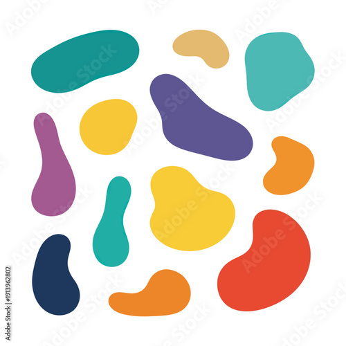Vibrant abstract shapes in various colors arranged randomly.