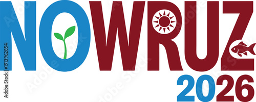 Nowruz 2026 vector text design with traditional symbols. The word "Nowruz" is split into blue and maroon, featuring a green sprout, sun, and fish, with "2026" in blue below