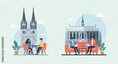 Two distinct scenes of individuals working on laptops against architectural backdrops