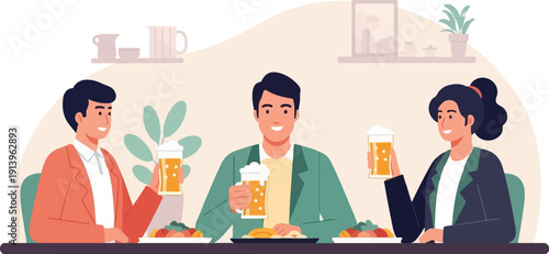 Three smiling people at a table enjoying drinks and food