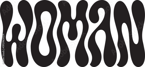 Vector black fluid blob typography spelling 'WOMAN' with wavy, organic shapes, isolated on a transparent white background, ideal for social media or poster design.